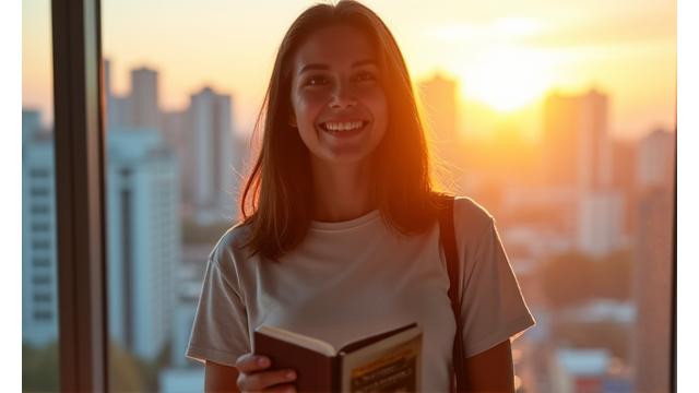 Estudiante celebrando su éxito académico con un libro en mano y la ciudad de Bogotá de fondo, simbolizando el estudio personalizado y la tutoría