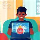 Ícono que representa clases online, con un laptop y persona aprendiendo remotamente