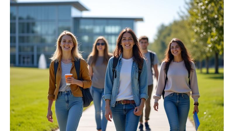 Grupo de estudiantes en un campus universitario, preparándose para exámenes de admisión.