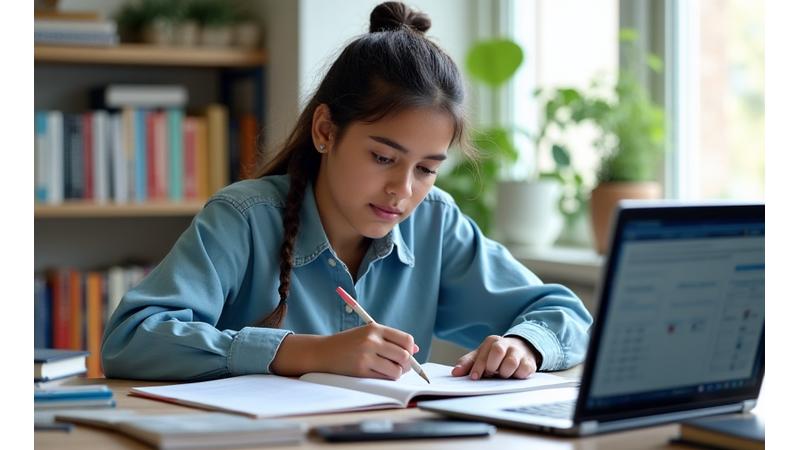 Joven estudiando para el ICFES con libros y computador.